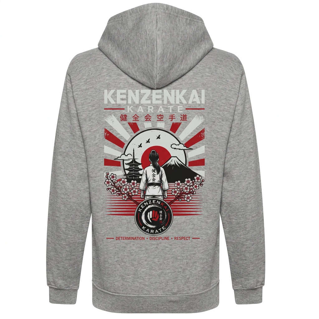 Heather grey Kenzenkai Karate hoodie female-design back